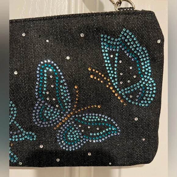 BRIGHTON VIP Sparkle Butterfly Bag Denim Crossbody Stripe Strap NWT - Picture 4 of 12
